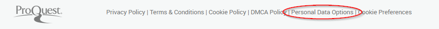 Shows the Personal Data Options link location within the footer on Ebook Central