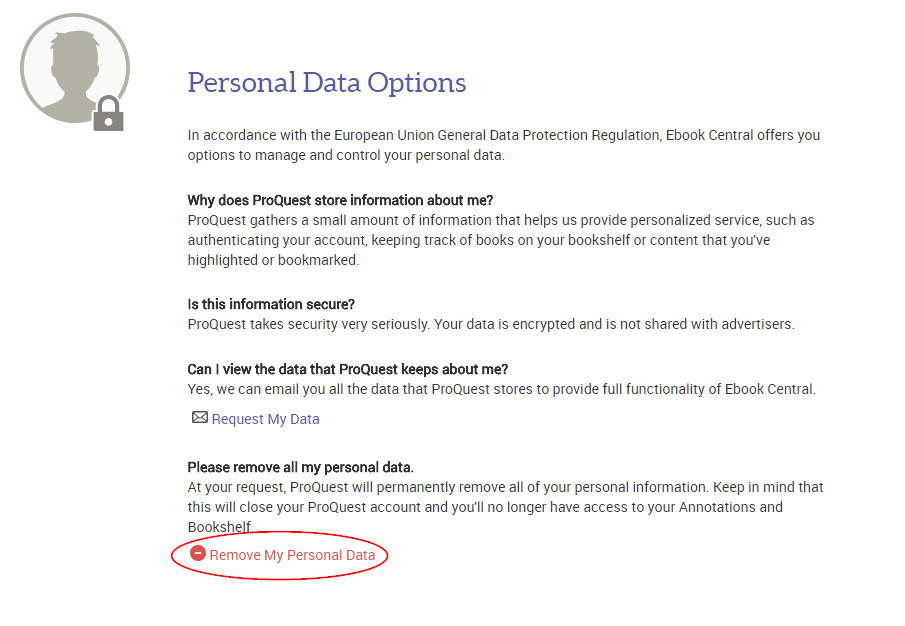 Personal Data Options page on Ebook Central, showing link to remove personal data.