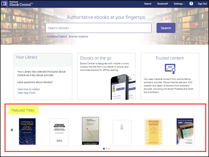 Ebook Central Admin Landing Page Featured Books Displayed in Carousel