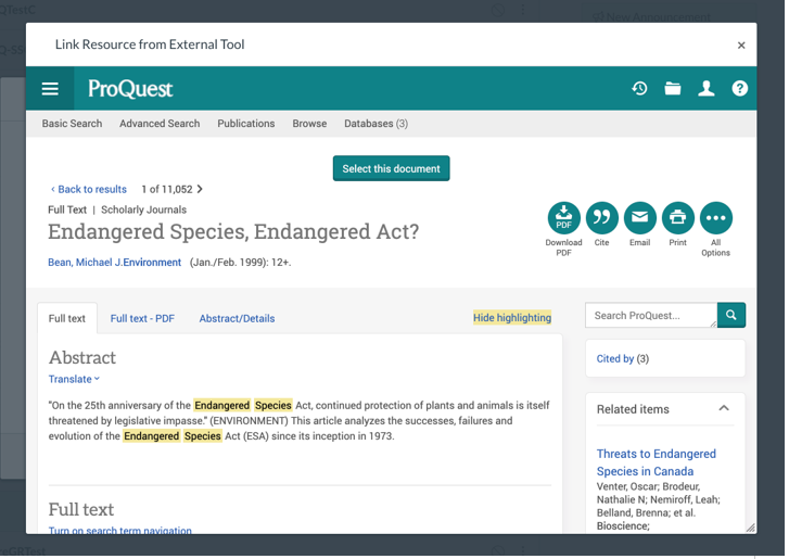 A screenshot of the ProQuest LTI application running within a window in Canvas. A document view page is shown. Above the document, there is a "Select this document" button.