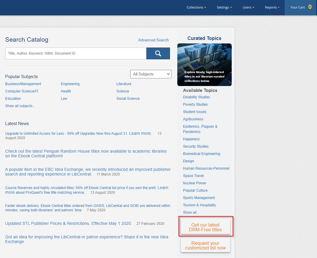Ebook Central Admin DRMfree titles on Ebook Central