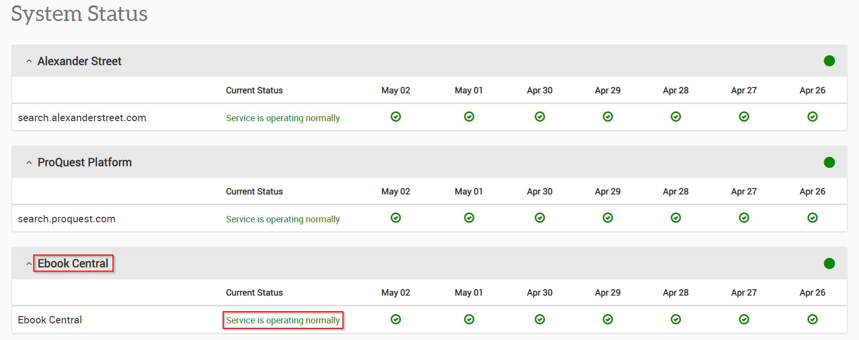 Ebook Central Admin ProQuest Status Page