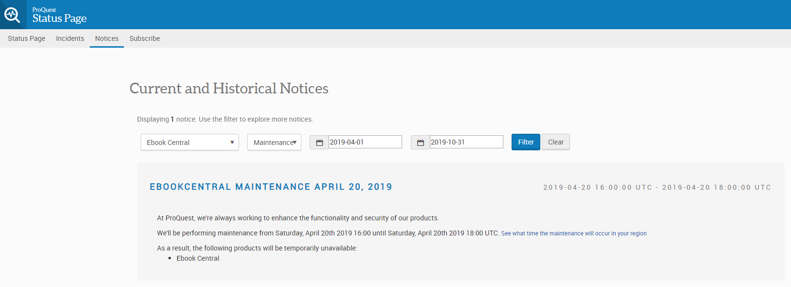 Ebook Central Admin ProQuest Status Page