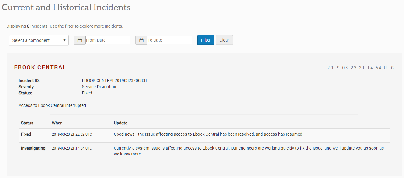 Ebook Central Admin ProQuest Status Page