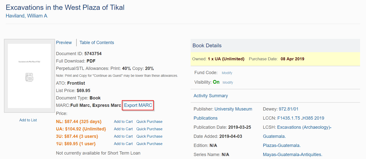 Ebook Central Admin MARC records for new acquisitions