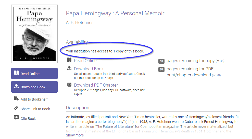 Ebook Central Admin Availability when a book is held with multiple