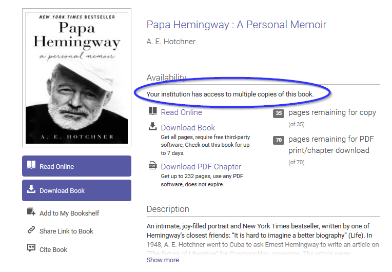 Ebook Central Admin Availability when a book is held with multiple