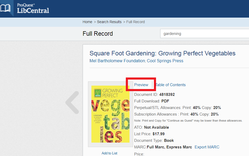 Ebook Central Admin LibCentral, Preview Access, 5 minute browse