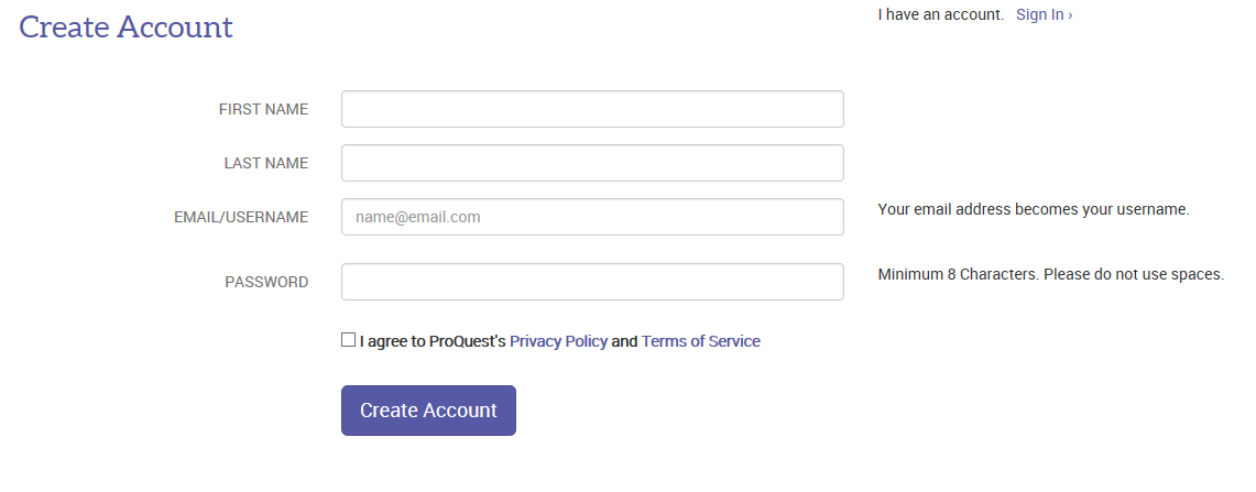 Create Account page showing required data fields: First Name, Last Name, Email, Password