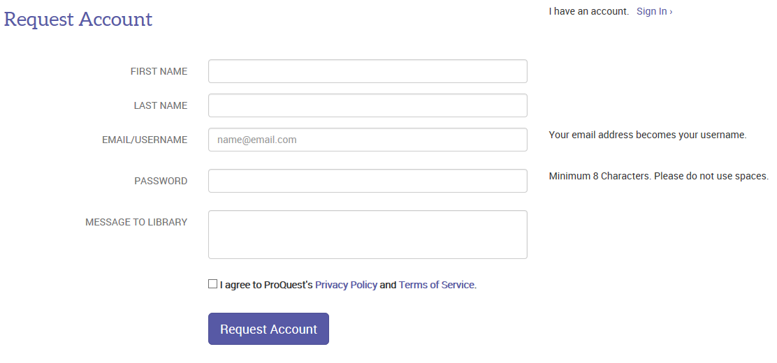 Request account page with patron data fields: First Name, Last Name, Email/Username, Password, Message to Library
