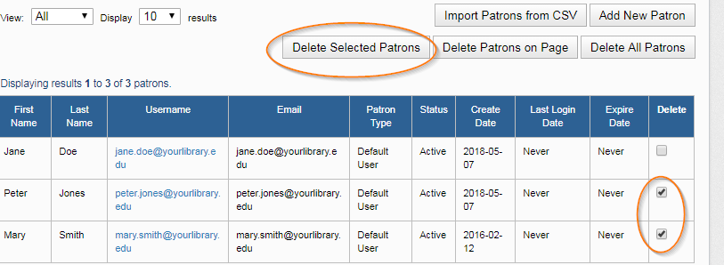 Manage patron page with Delete Selected Patrons button circled and checks in 'delete' checkboxes