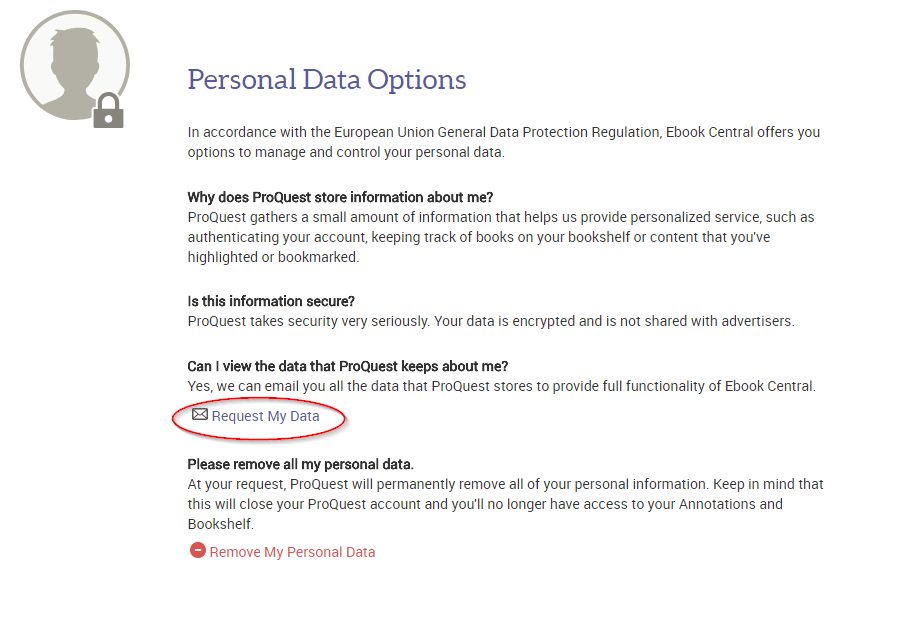 Personal Data Options page on Ebook Central, showing link to request personal data.