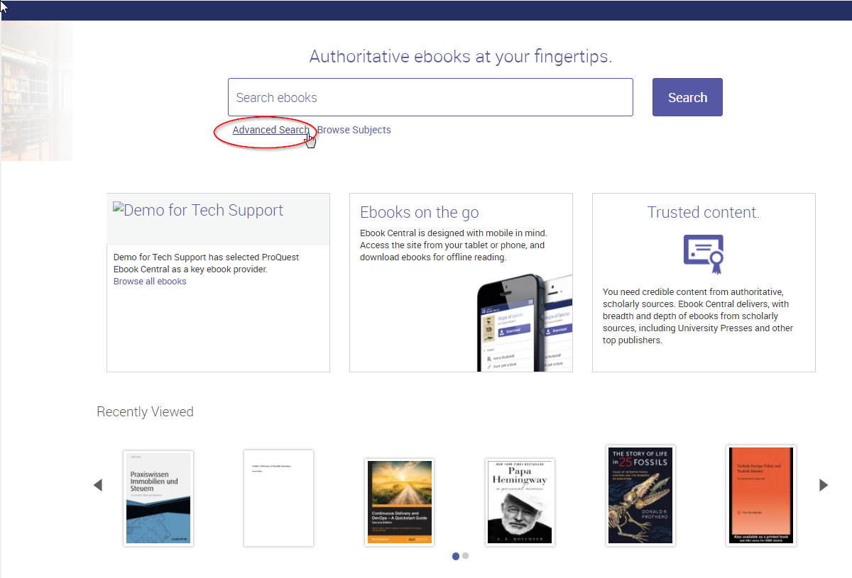 Screenshot showing the advanced search link