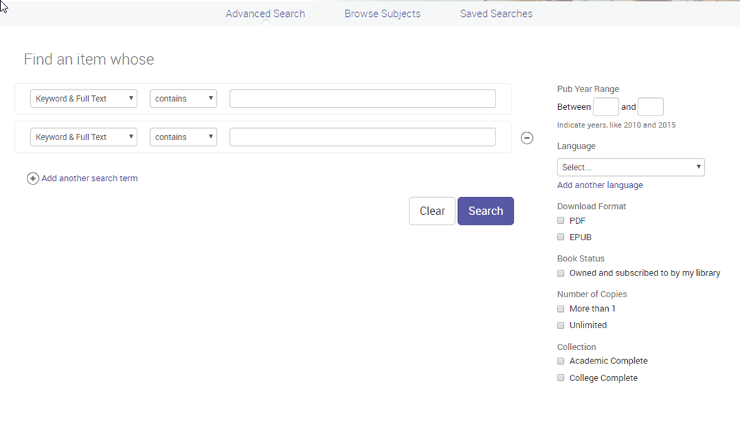Screenshot showing the boolean search and filters in advanced search