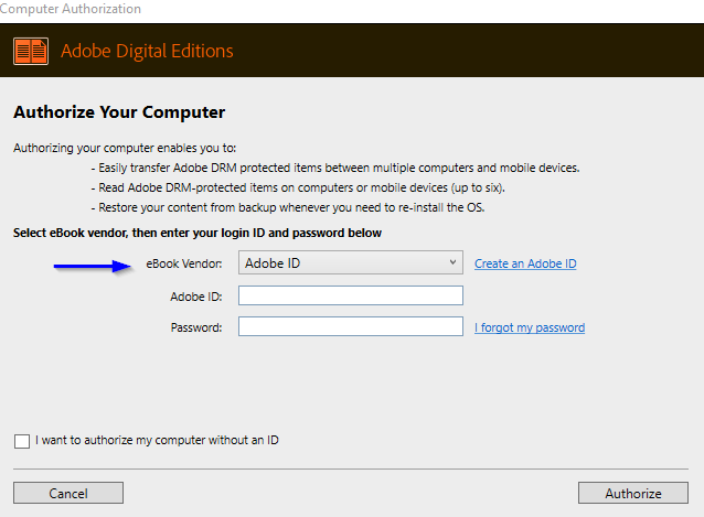 ADE authorization page asking for Adobe ID and password