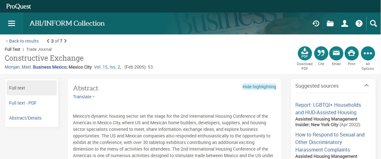 A screenshot of the ProQuest Platform user interface. The example is an article from the ABI INFORM Collection. The ProQuest logo is positioned in the upper left-hand corner and provides a link to the ProQuest homepage. The user account settings, help pages, and Quick Search are available as icons in the upper right-hand corner. The main window displays the article with the article title and authors listed at the top of the page. The reading format options for the article are available in a panel on the left-hand side of the page. In the example, the options are Full Text, Full Text PDF and Abstract Details. The abstract is positioned at the top of the article within the reading pane. A panel is available on the right-hand side of the page. At the top of the panel are 5 icon options: Download PDF, Cite Article, Email Article, Print Article, and All Options. A Suggested sources section lists articles related to the viewed article.