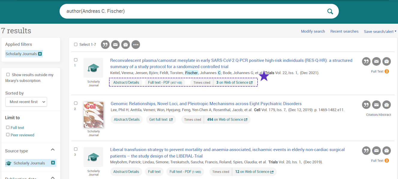 WoS Times Cited – ProQuest Search Result Page
