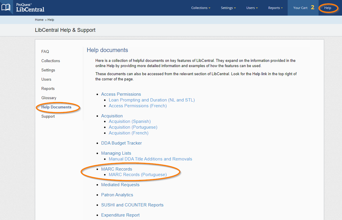 LibCentral Help Documents page with MARC document link circled