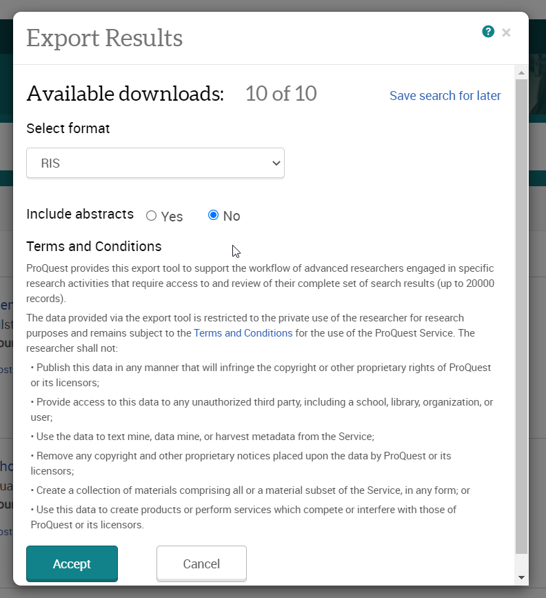Select RIS or other export format. Up to 10 search result exports are available each day.