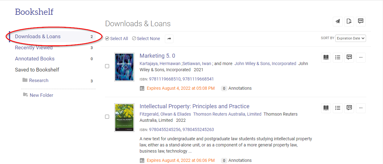 Ebook Central Bookshelf (Options & Tools)