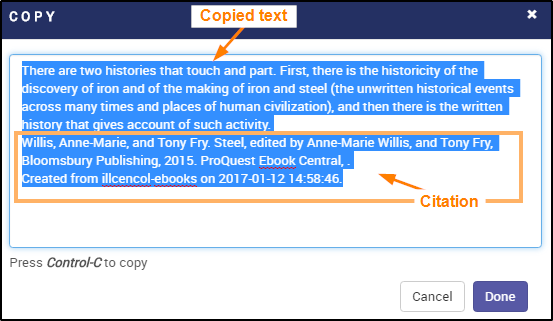 image shows the pop-up window for copied text, showing the copied text and the generated book citation included.