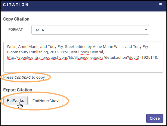 Image shows the pop-up window where the citation can be copied or exported to use in a citation management tool.