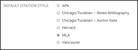 Image shows the Default Citation Style options that can be selected on the profile page.
