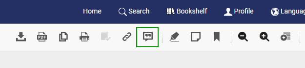 Image shows the cite book icon in the top toolbar of the PDF online reader on Ebook Central.