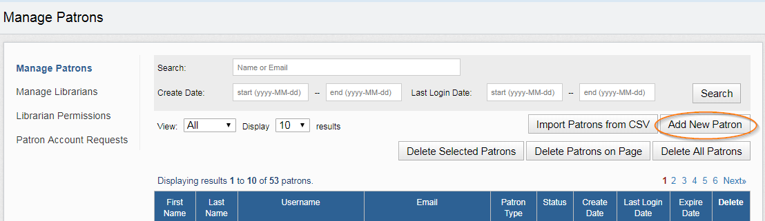 Manage Patrons page with Add Patron button circled in orange.