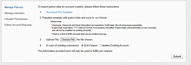 Screenshot of the Import Patrons modal with the instructions for uploading the .csv file. The instructions are also listed in the article text below the image.