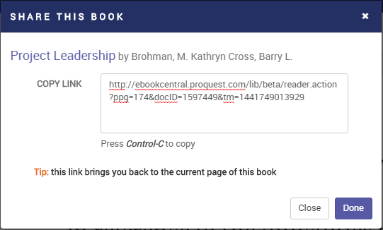 Screenshot shows the pop-up with the book's share link displayed in a text box and the instructions to use Control-C to copy