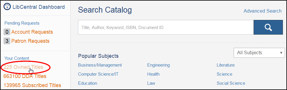 Screenshot of LibCentral Dashboard with Owned Titles circled