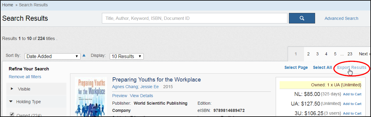Screenshot of Search Results screen with Export Results circled