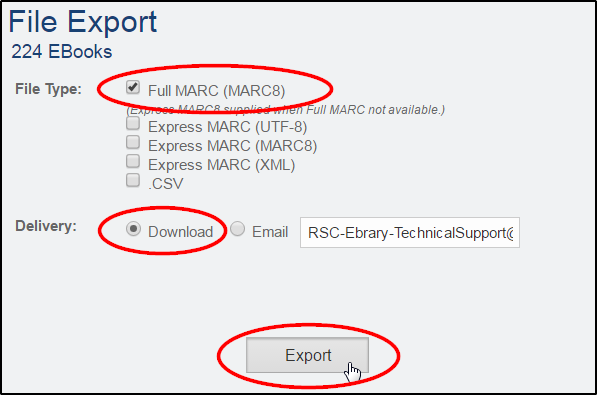 Screenshot of File Export dialog with the Full MARC (MARC8) option, the Download option, and the Export button circled