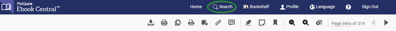 screenshot of navigation bar at the top of the Ebook Central online reader, with the Search button circled. It is second to the left of the links on the righthand side of the page.