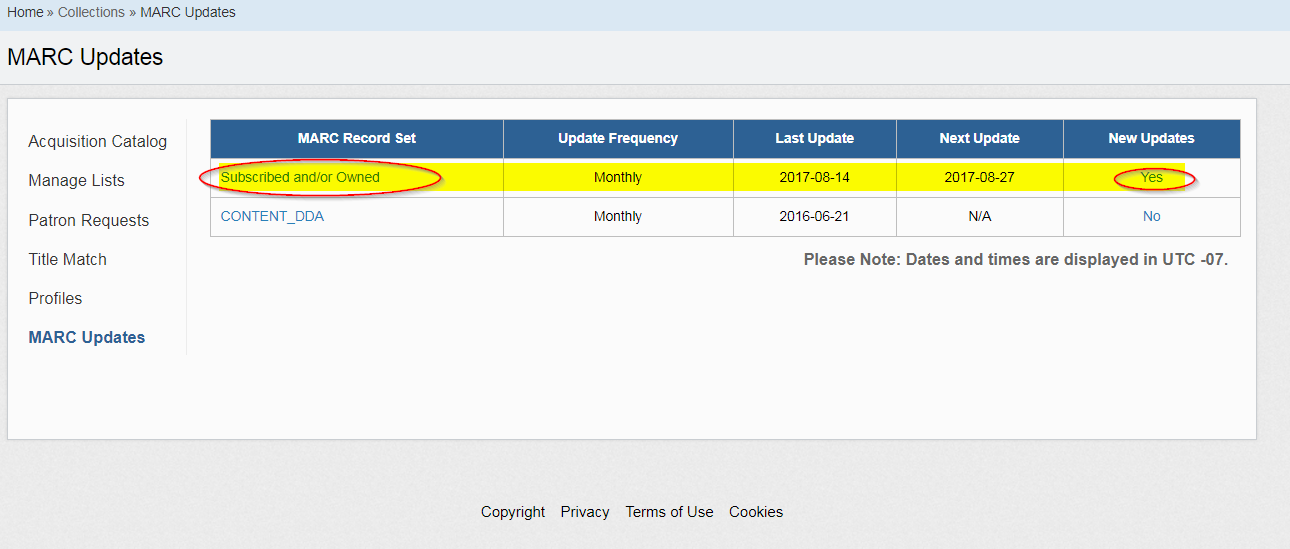 The MARC Updates page in LibCentral, with the Subscribed and/or Owned line highlighted