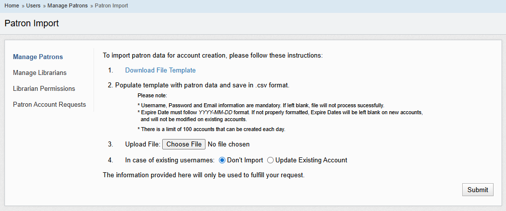Screenshot of Patron Import screen in LibCentral. Text from this image is reproduced below.