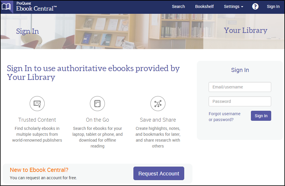 Screenshot of the Ebook Central Sign In page with the Request Account button