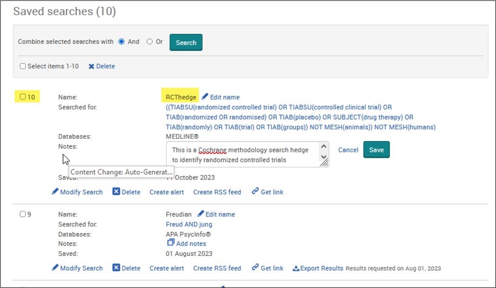 Saved search in My Research