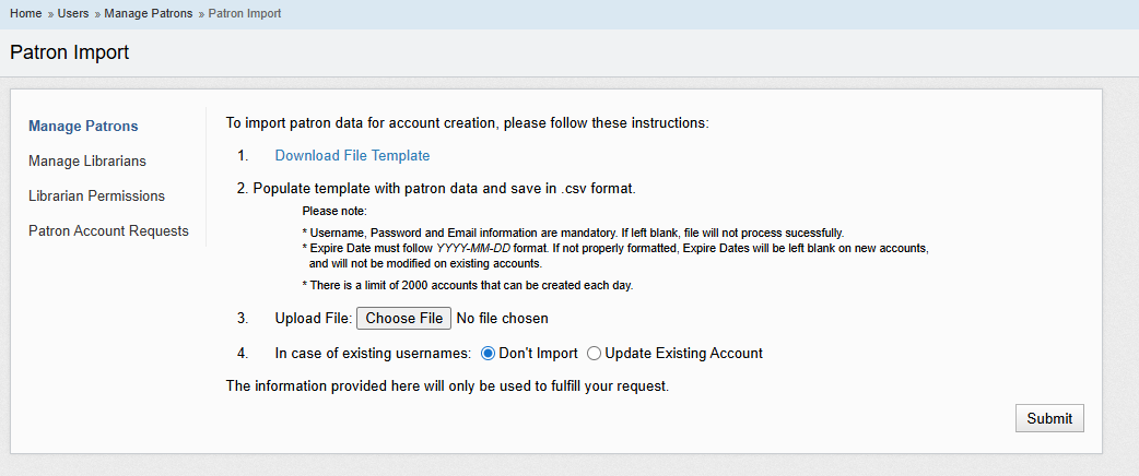 Screenshot of Patron Import screen in LibCentral. Text from this image is reproduced below.